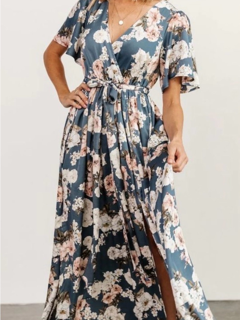 Baltic Born Slate Blue Floral Wrap Maxi Dress